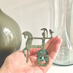 vintage 60s verdigris metal stylized Athena, horse and chariot sculpture
